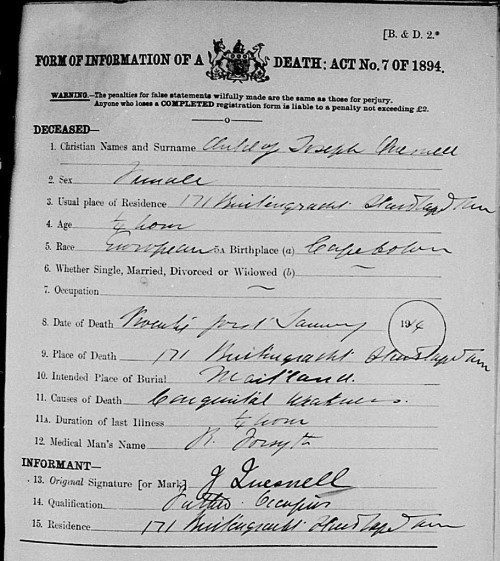 Excerpt from 1914 Death Notice for Infant QUESNELL Source: http://FamilySearch.org